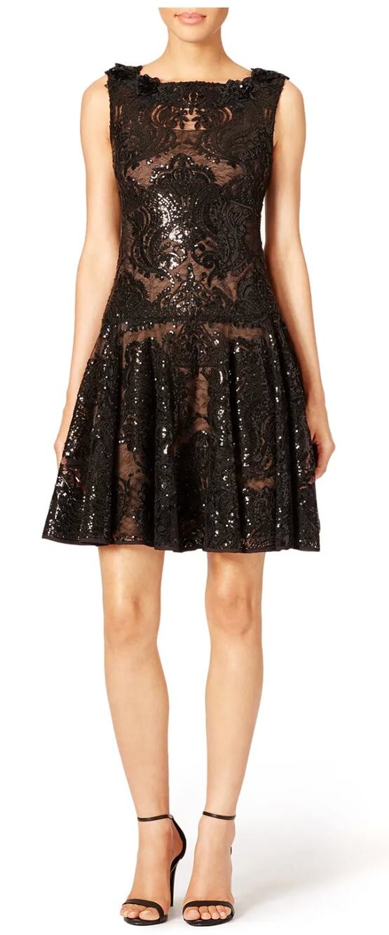 Marchesa Notte Sequined Lace Short Cocktail Party Dress in Black Size 4
